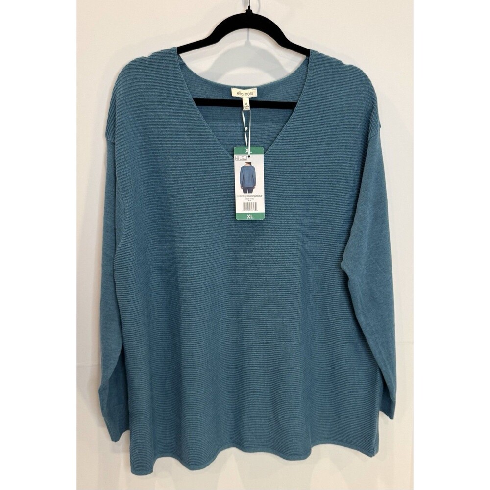 Ella Moss Women's XL Teal Ribbed V-Neck Sweater Long Sleeve NWT